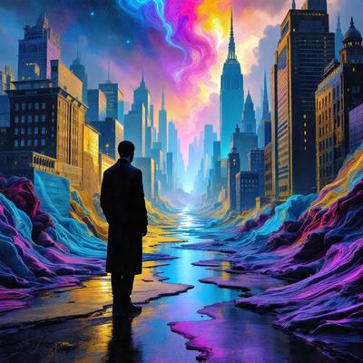 The primary subject of the image is a man standing on a sidewalk in a city. He is wearing a suit and appears to be looking at the sky. The setting is a cityscape with tall buildings in the background. The visual style is a digital art or illustration, creating a vibrant and colorful atmosphere. The dominant colors are purple, blue, and pink, giving the scene a surreal and dreamy quality.